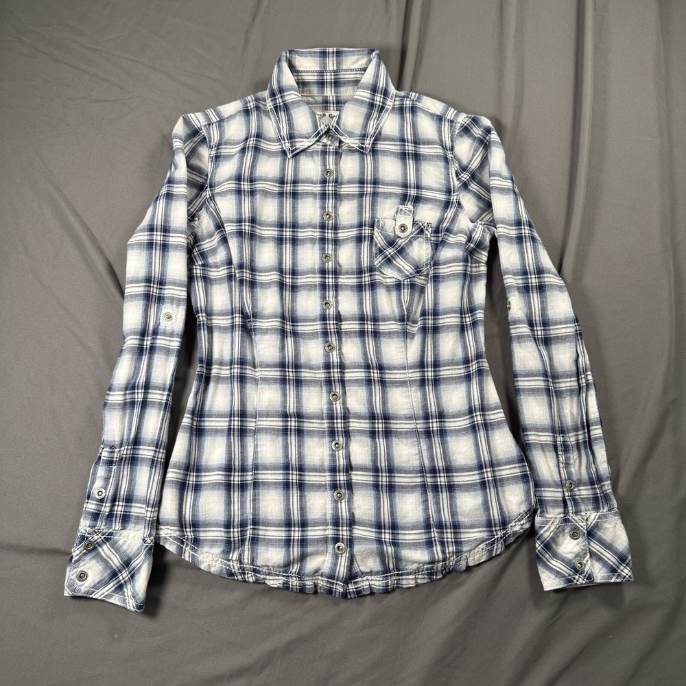 Guess Shirt Mens Small White Plaid 2008 Rush Button Up Long Sleeve Metal Snap